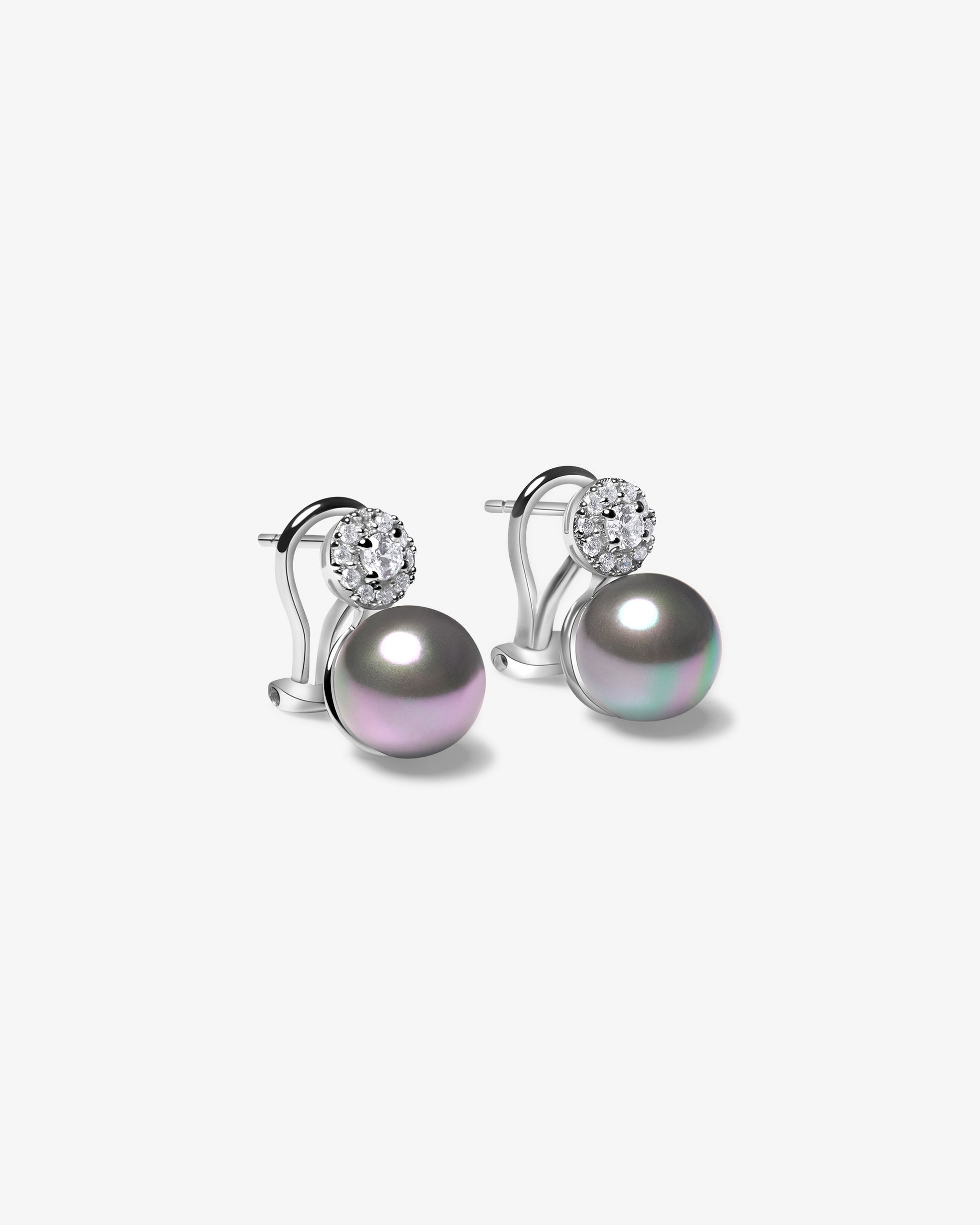 Pendientes en plata rodiada con colgante de rosetón de circonitas y perla redonda gris de 10mm - Majorica - Cromo / Berenjena Cromo / Berenjena-2