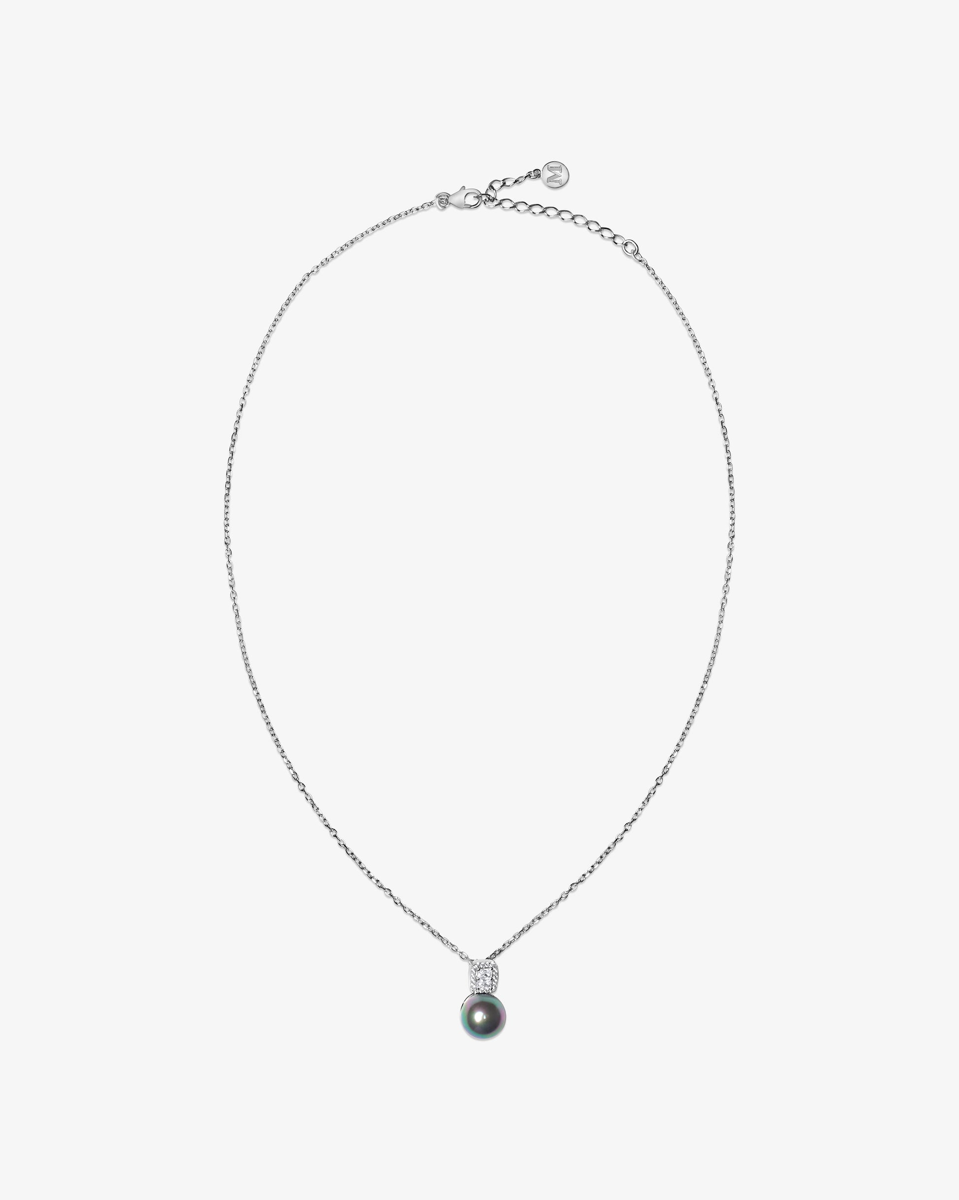 Imagen 0 de Collar de cadena en plata rodiada de 42cm de largo con colgante de cuadrado de circonitas y perla redonda gris de 10mm. alargador de 5cm. Cromo / Berenjena