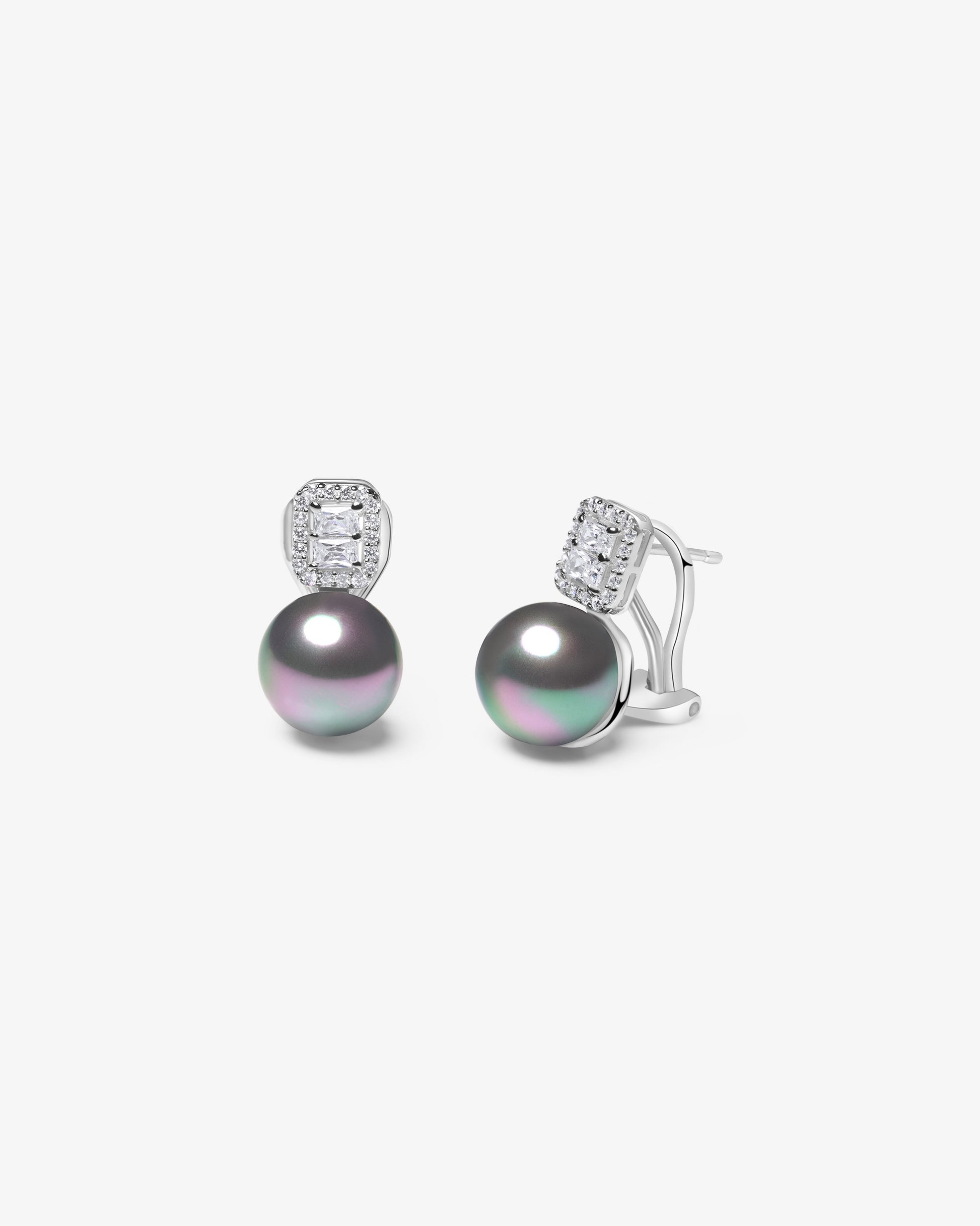 Imagen 0 de Pendientes en plata rodiada con colgante de cuadrado de circonitas y perla redonda gris de 10mm Cromo / Berenjena