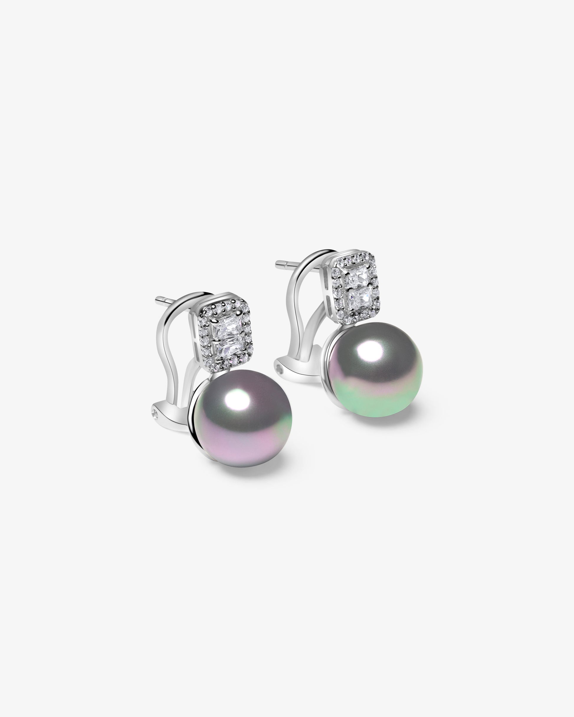 Pendientes en plata rodiada con colgante de cuadrado de circonitas y perla redonda gris de 10mm - Majorica - Cromo / Berenjena Cromo / Berenjena-2