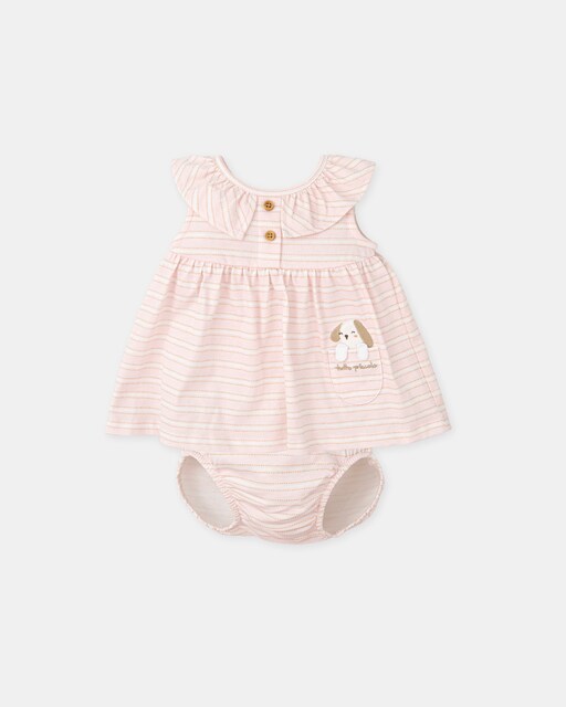 Imagen 0 de Vestido de bebé niña a rayas rosa con mascota y braguita a juego
