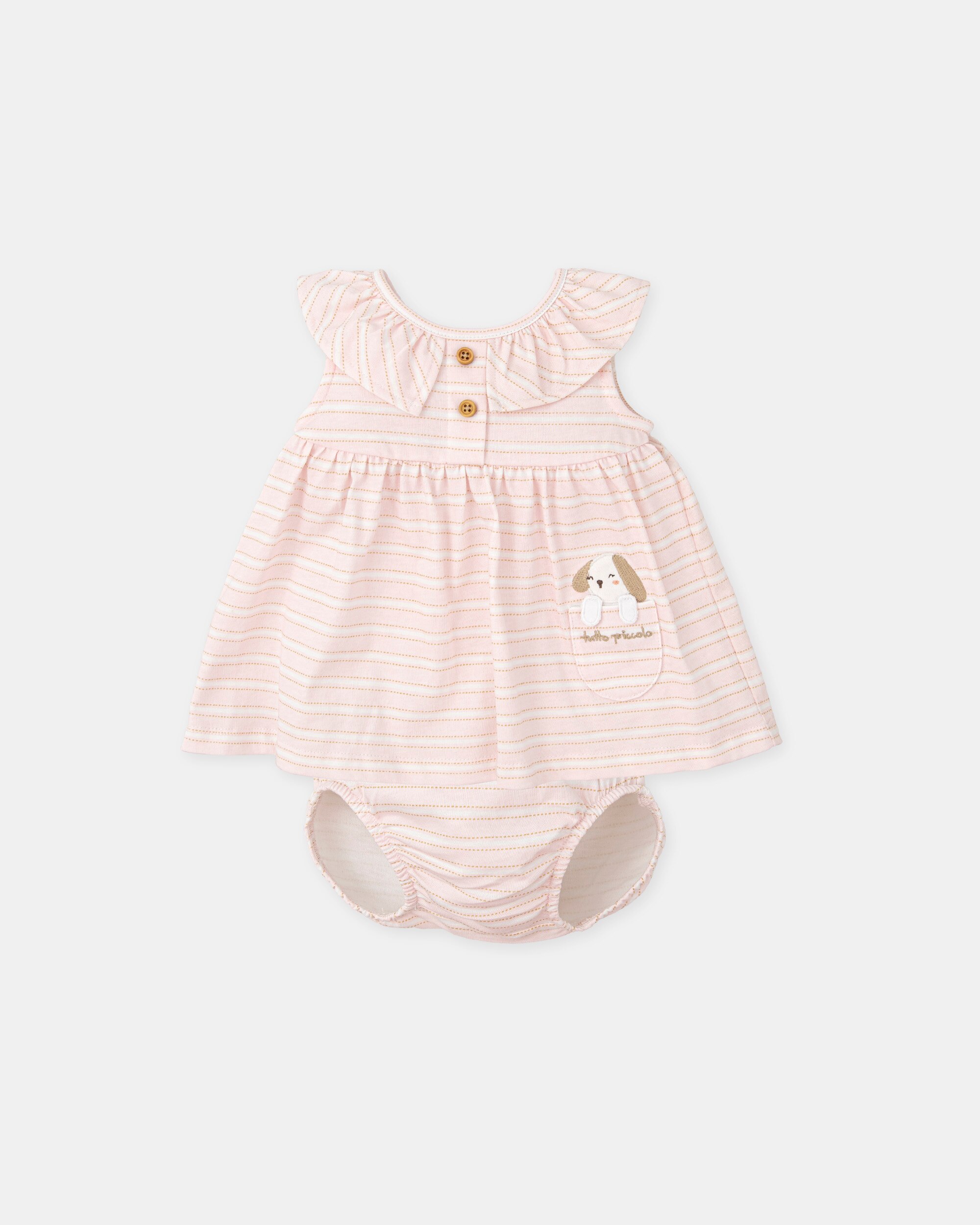Imagem 0 de Vestido para Bebé Às Riscas Rosa com Mascote e Cueca em Conjunto