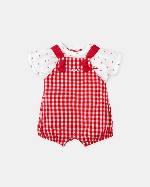 Imagen 0 de Conjunto de bebé niño de camiseta blanca estampada y peto corto vichy rojo