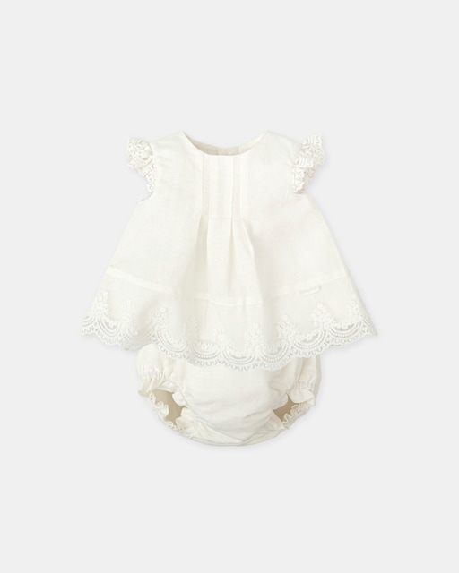 Imagen 0 de Vestido de bebé niña lino con puntilla y braguita a juego