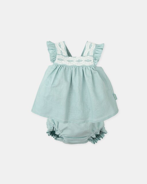 Imagen 0 de Vestido de bebé niña lino con puntilla y braguita a juego