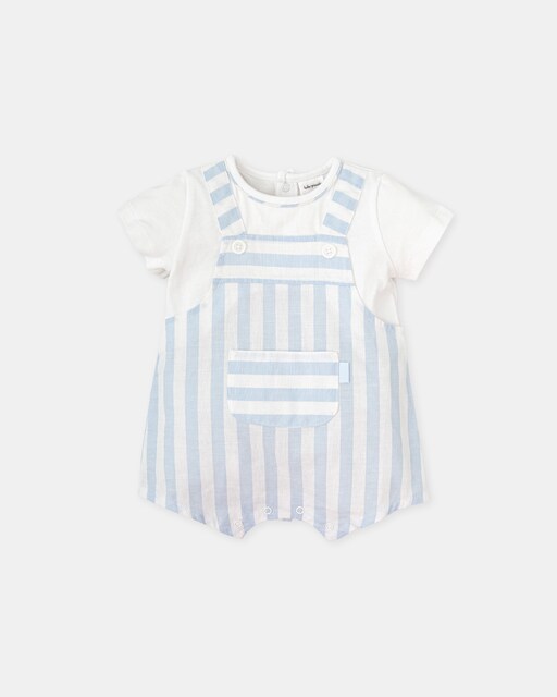 Imagen 0 de Pelele de bebé niño corto efecto 2 en 1 a rayas azul cielo