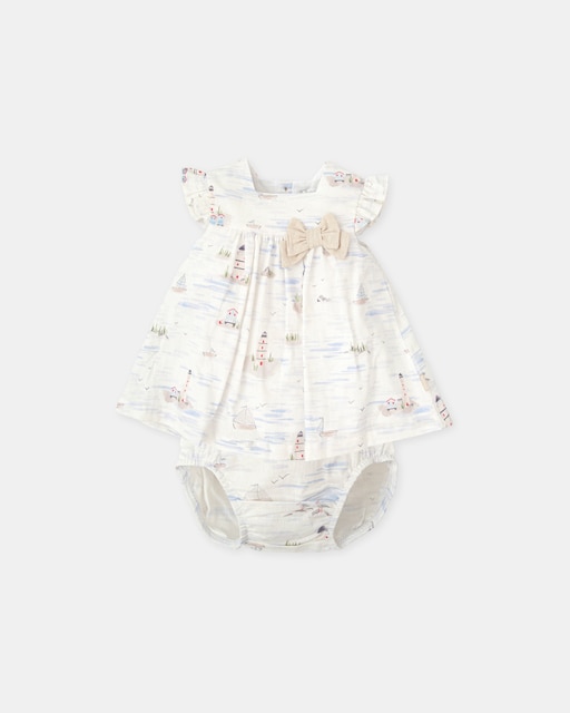 Imagen 0 de Vestido de bebé niña con braguita y estampado marinero color arena