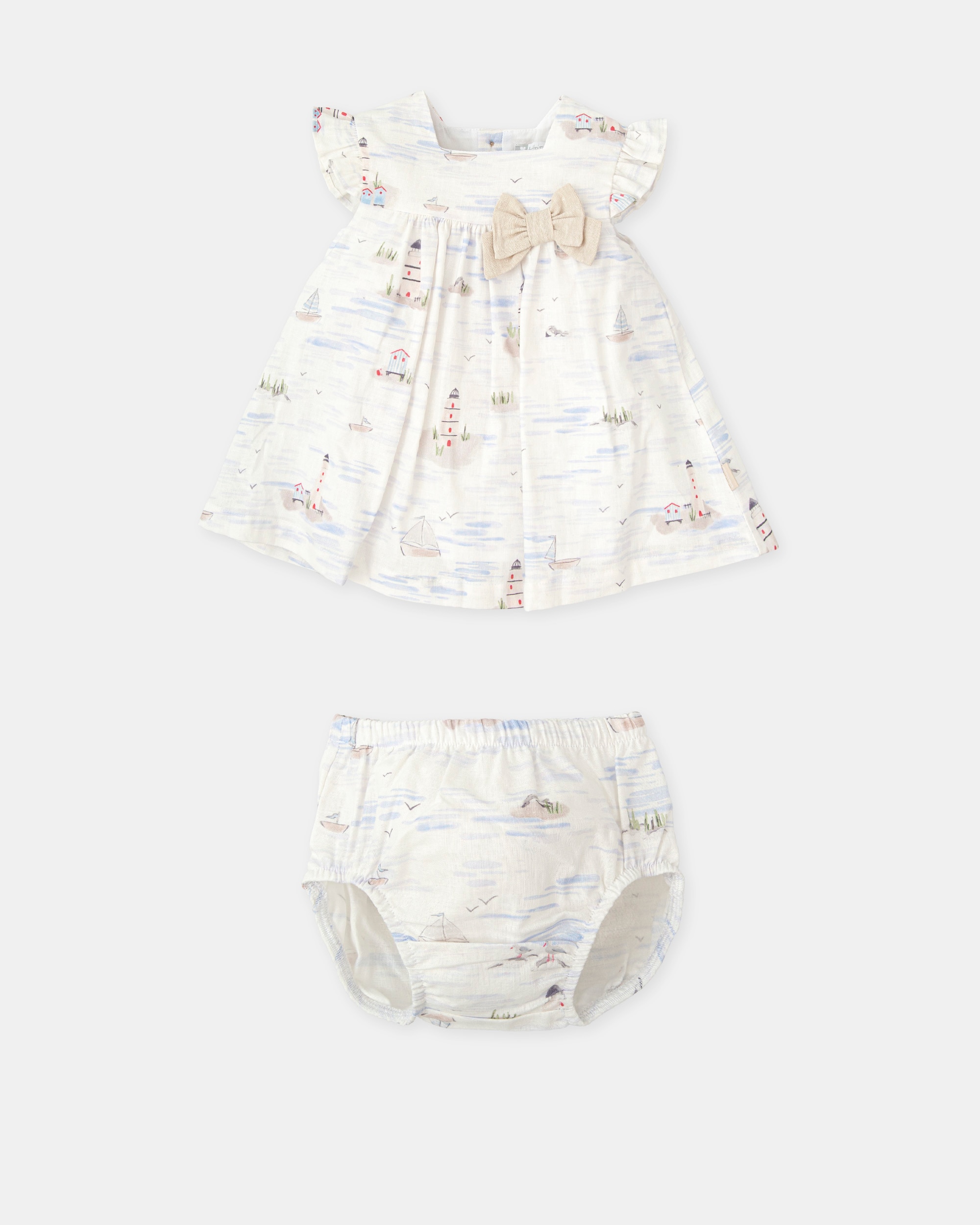 Vestido para Bebé com Cueca e Estampado Marinheiro em Areia Tutto Piccolo Bege-3