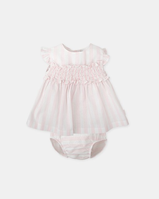 Imagen 0 de Vestido de bebé niña a rayas rosa con braguita a juego