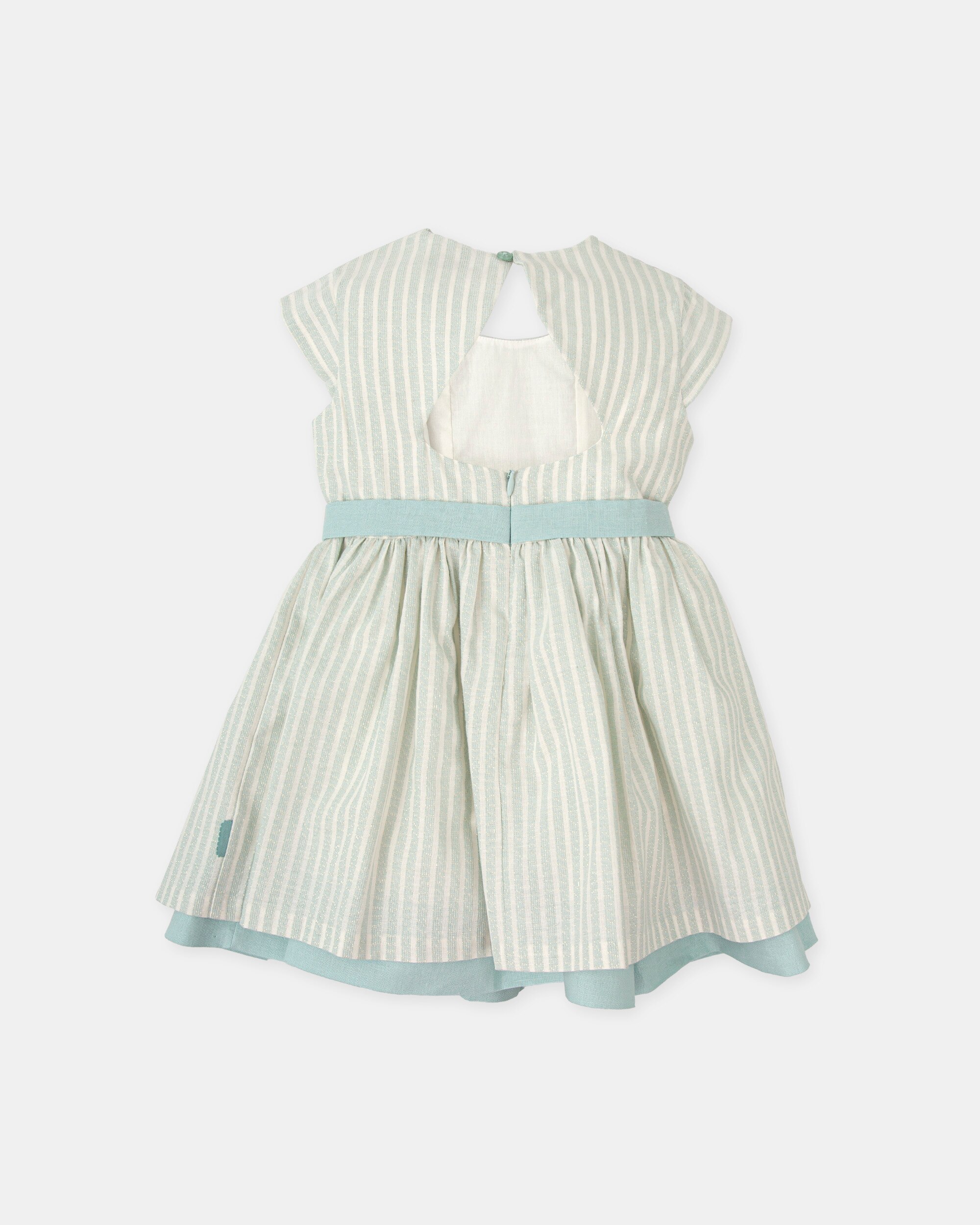 Vestido Infantil de Manga Curta Às Riscas com Abertura nas Costas Tutto Piccolo Verde Água-2