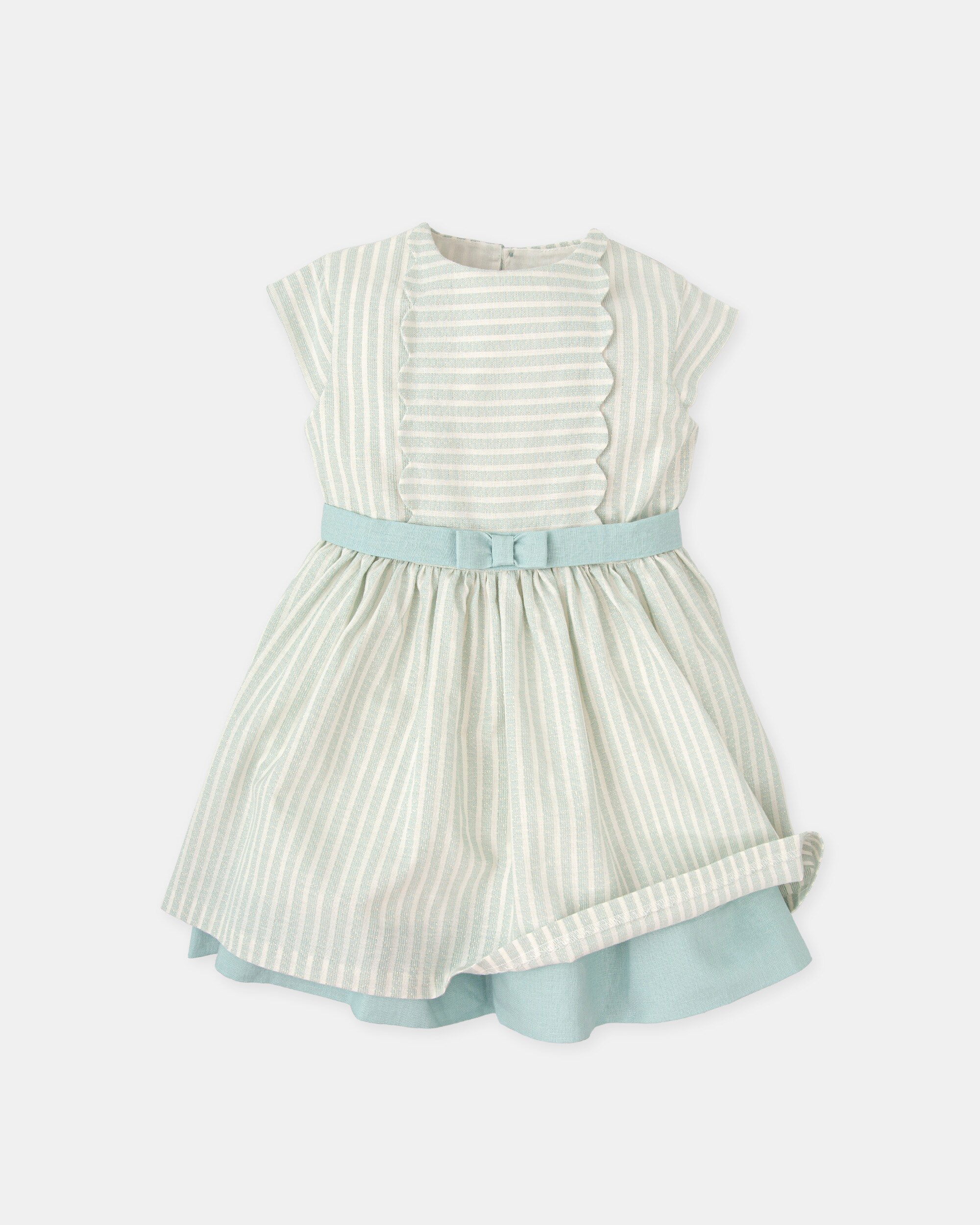 Vestido Infantil de Manga Curta Às Riscas com Abertura nas Costas Tutto Piccolo Verde Água-3