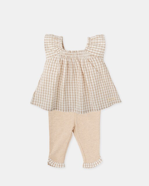 Imagen 0 de Conjunto de bebé niña de blusa vichy color arena y leggins lisos