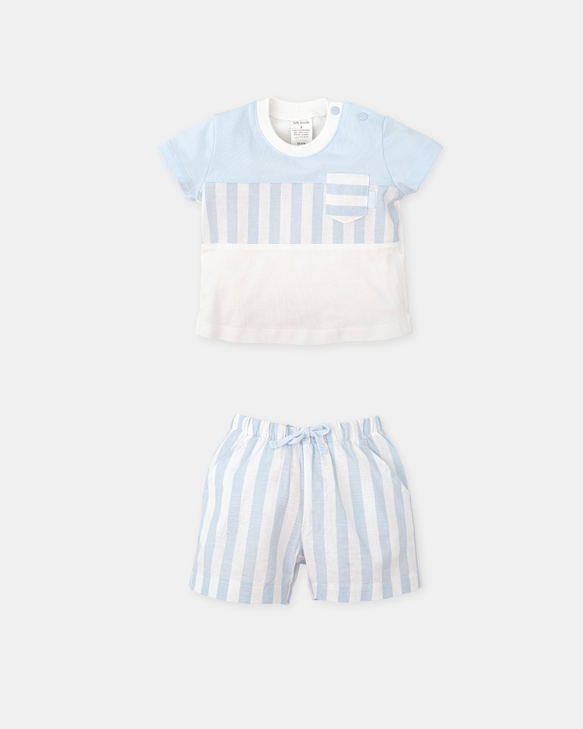 Conjunto para Bebé 2 Peças de T-shirt e Calções Às Riscas em Azul Céu Tutto Piccolo Celeste-3