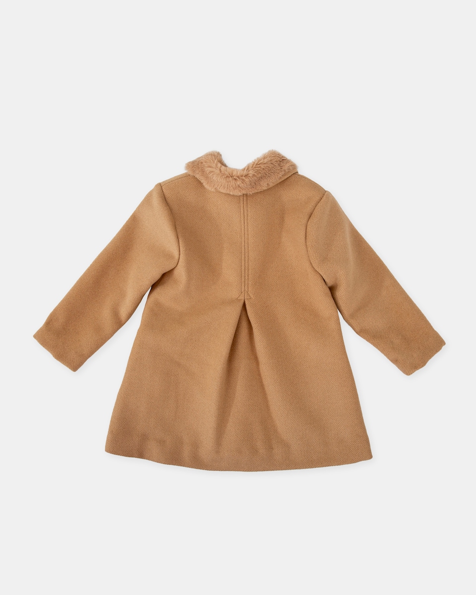 Abrigo de paño de niña camel con cuello de pelo · Tutto Piccolo