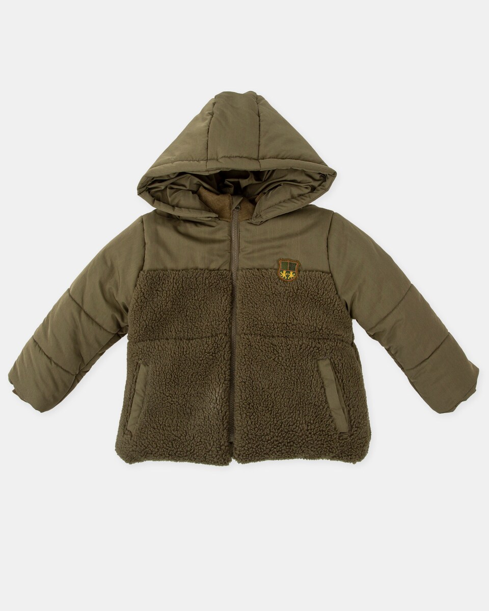 Plumífero de bebé niño combinado con capucha desmontable kaki