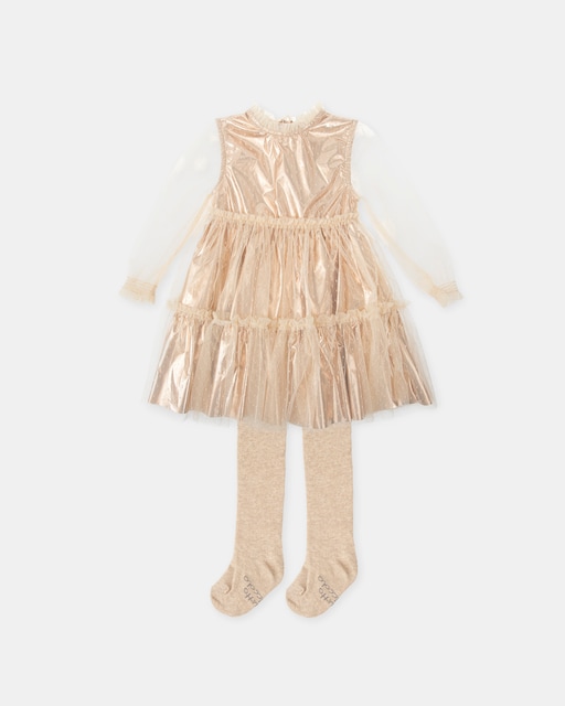 Imagen 0 de Conjunto de niña de vestido de tul dorado con leotardos
