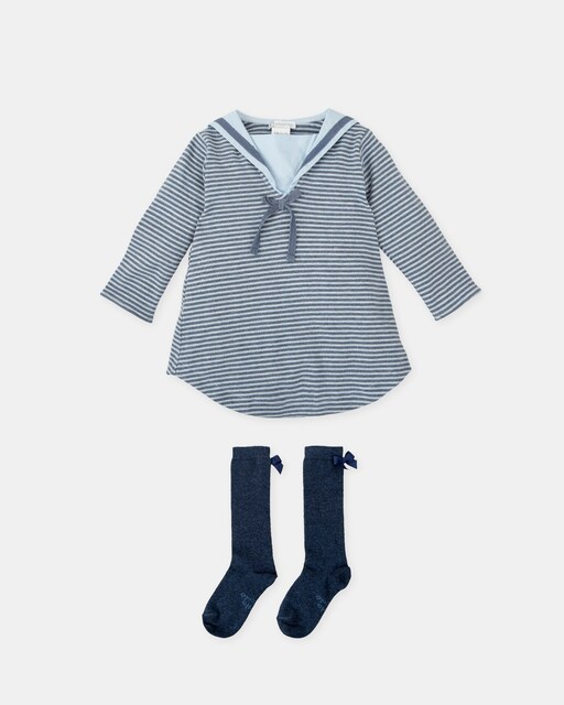 Imagen 0 de Conjunto de bebé niña de vestido rayas marino con calcetines