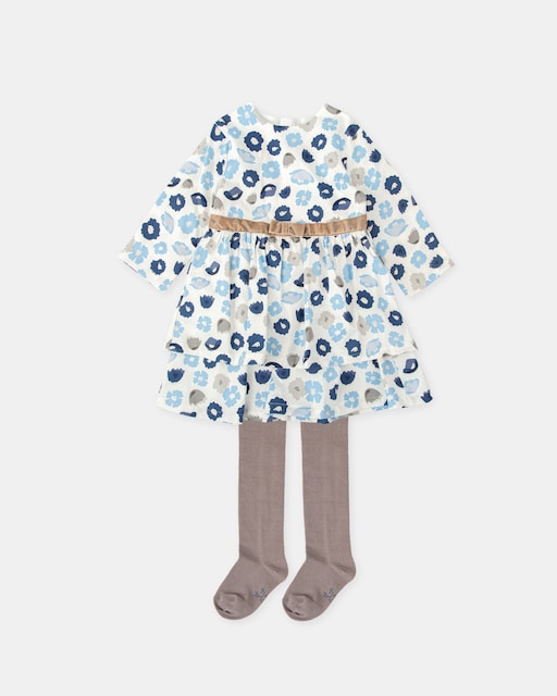 Imagen 0 de Conjunto de niña de vestido de satén flores con leotardos