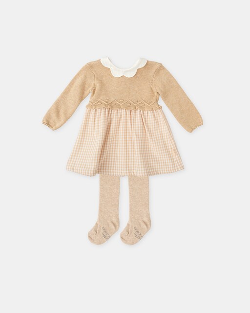 Imagen 0 de Conjunto de bebé niña de vestido combinado tricot y tela vichya arena con leotardos