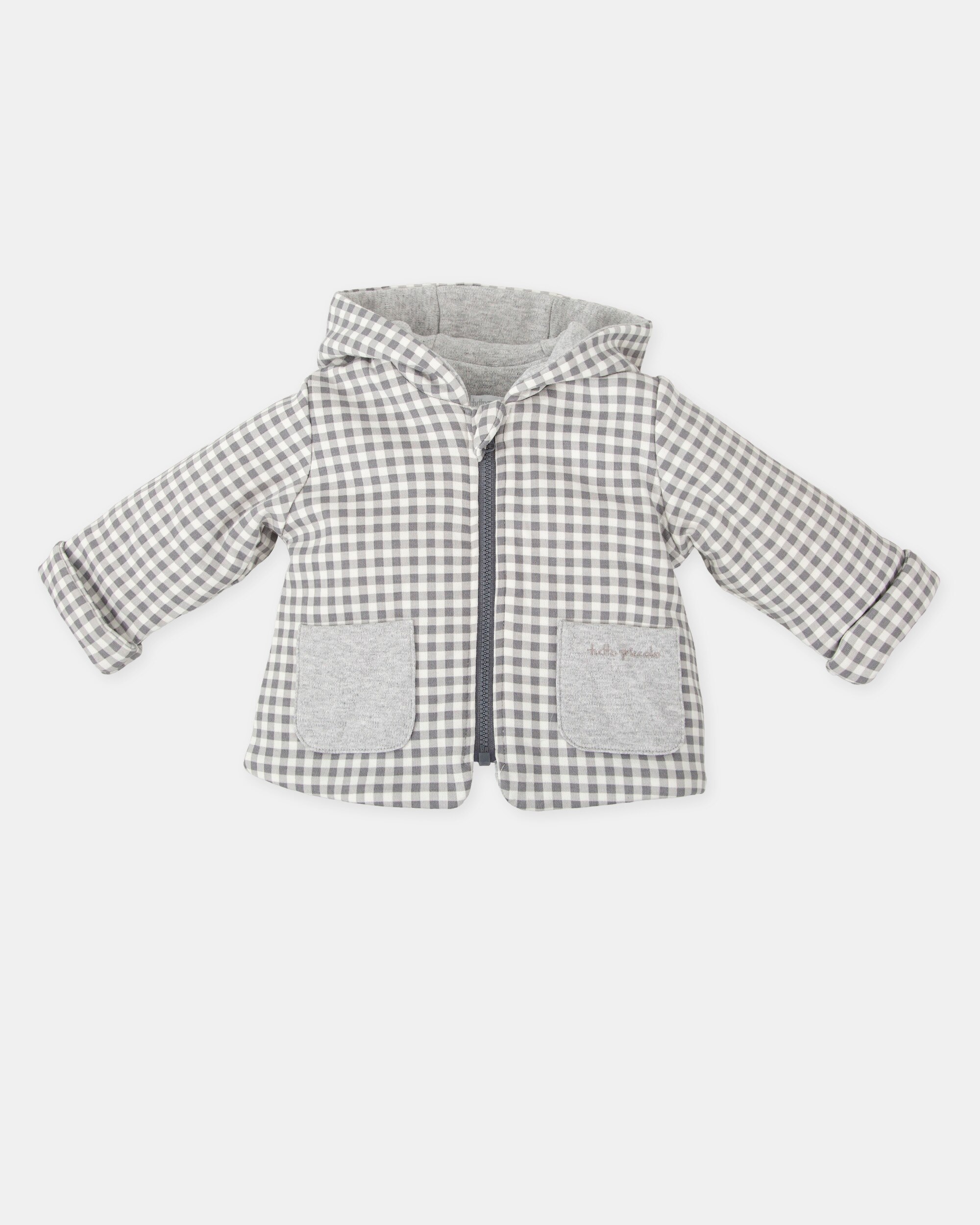 Chaquetón de bebé con capucha a cuadros - Tutto Piccolo - Gris Gris-1