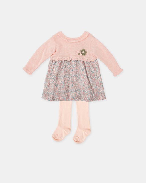 Imagen 0 de Conjunto de bebé niña de vestido combinado tricot y tela con leotardos