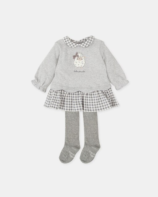 Imagen 0 de Conjunto de bebé de vestido ovejita gris y leotardos