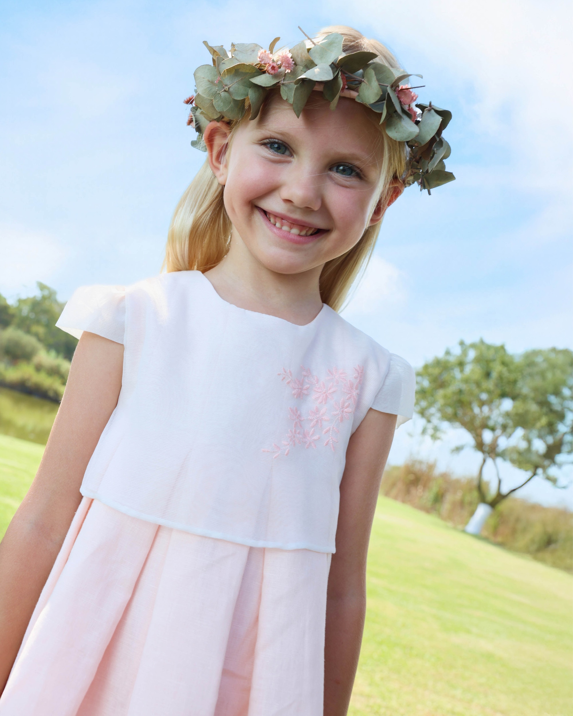 Vestido de niña de lino de manga corta - Tutto Piccolo - Rosa Rosa-2