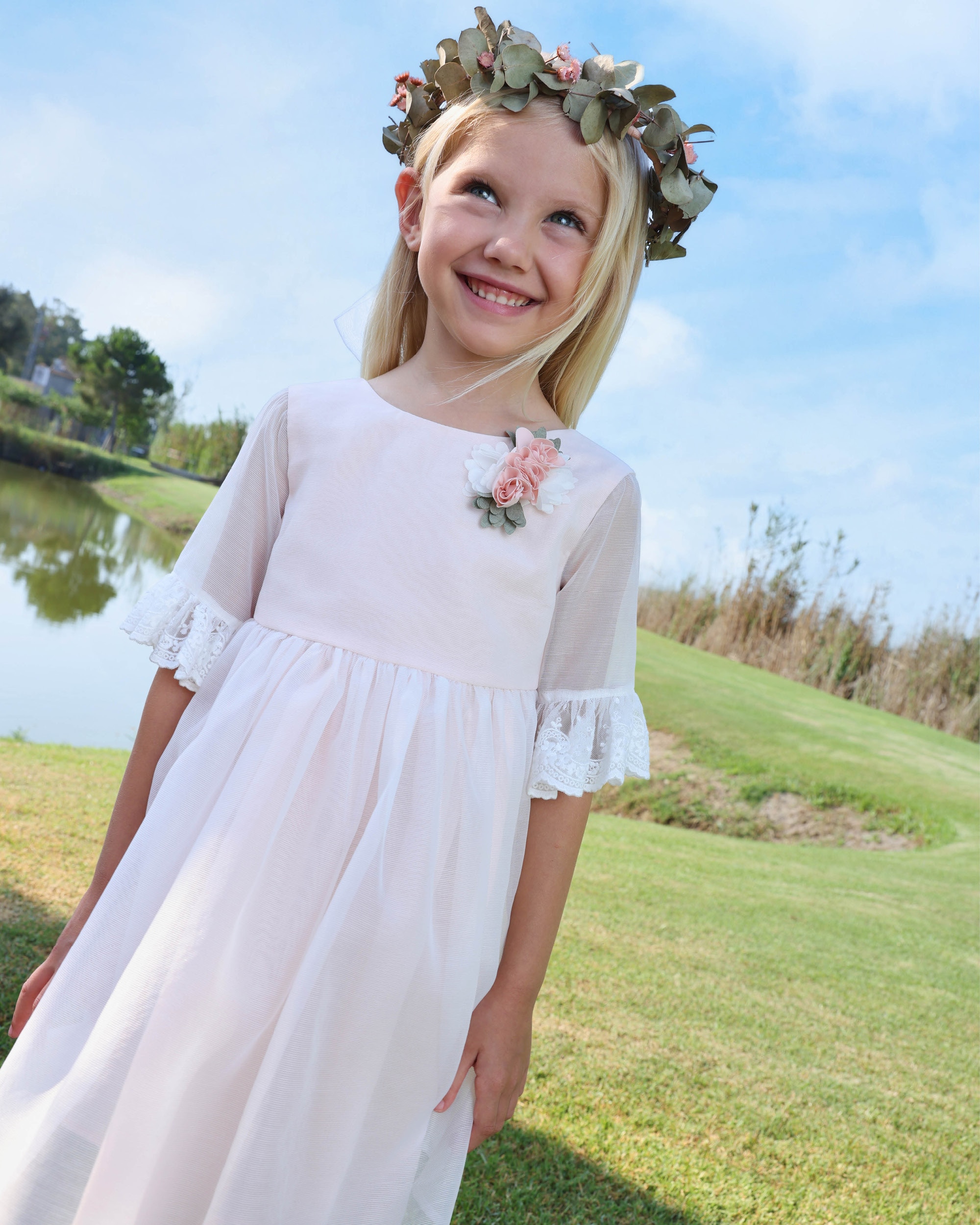 Vestido de niña de organza con manga francesa - Tutto Piccolo - Rosa claro Rosa claro-2