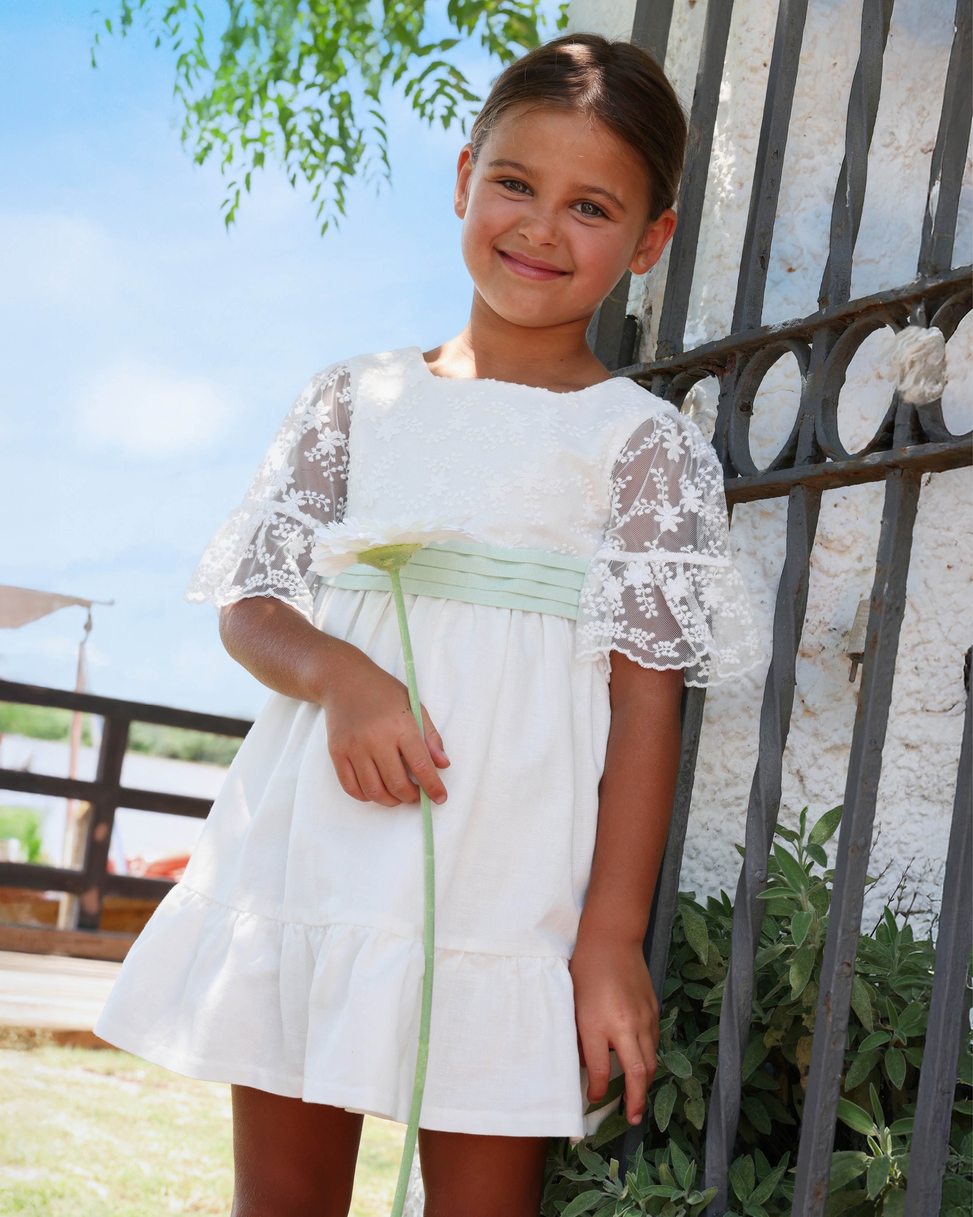 Vestido de niña combinado de lino con tul - Tutto Piccolo - Blanco / Verde Blanco / Verde-2