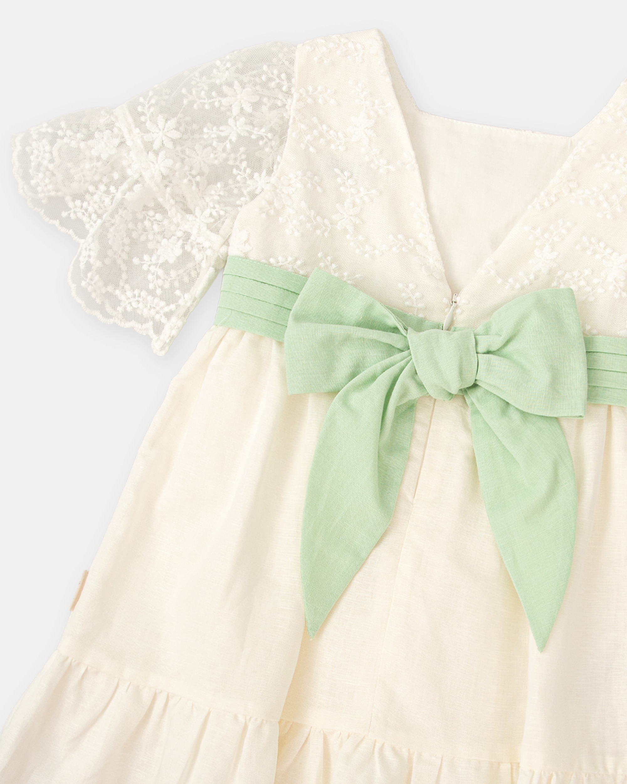Vestido de niña combinado de lino con tul - Tutto Piccolo - Blanco / Verde Blanco / Verde-3