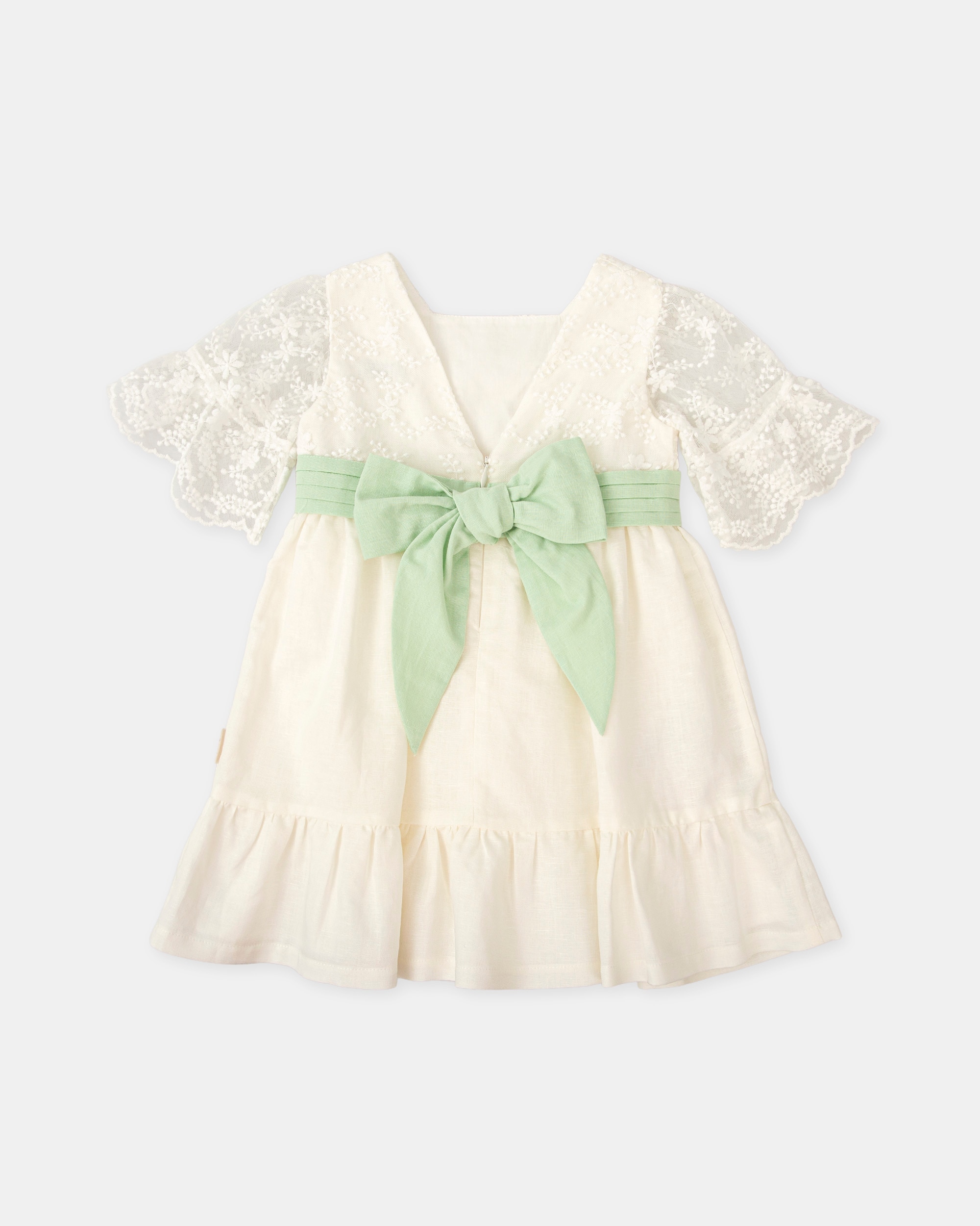 Vestido de niña combinado de lino con tul - Tutto Piccolo - Blanco / Verde Blanco / Verde-4