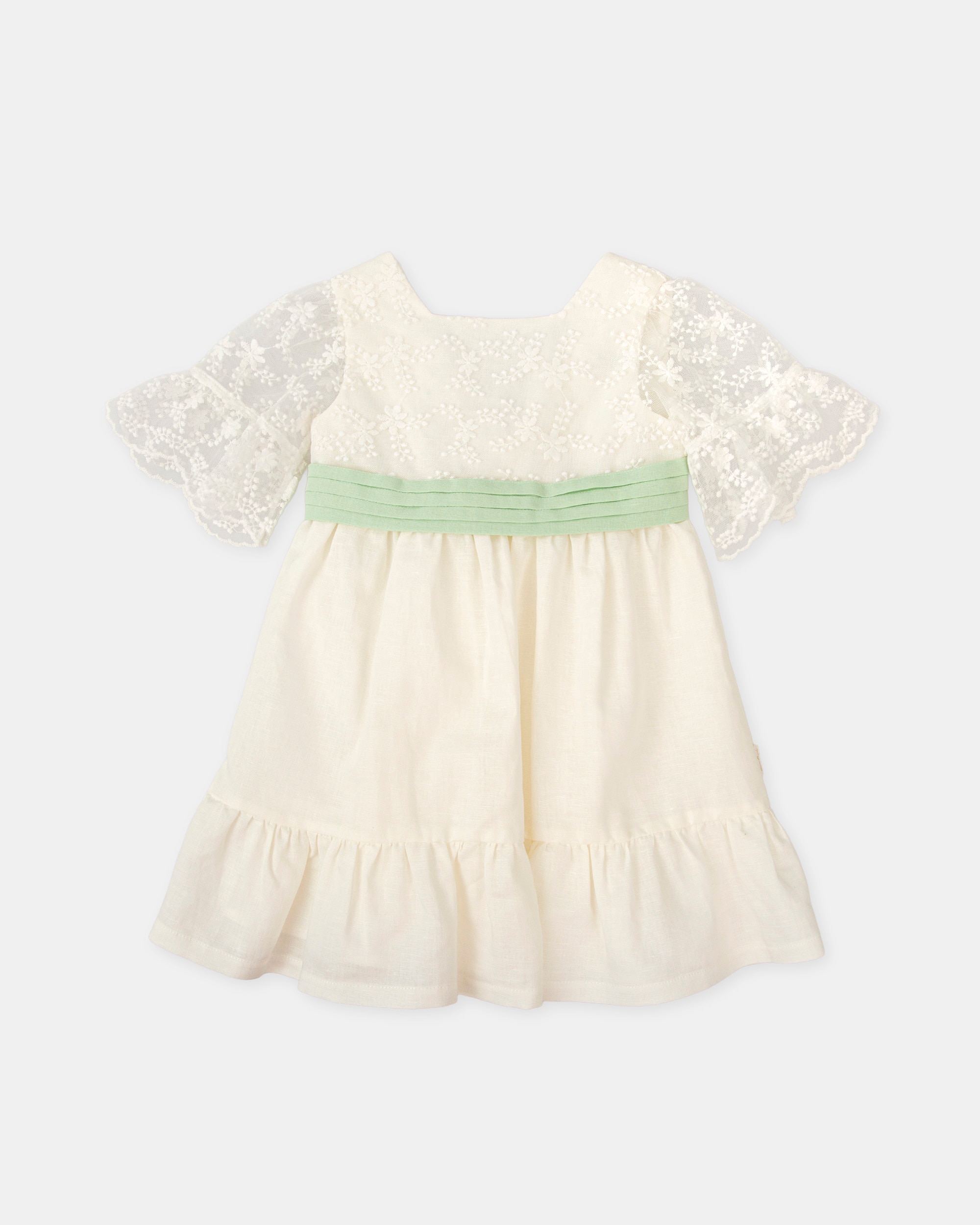 Imagen 0 de Vestido de niña combinado de lino con tul Blanco / Verde