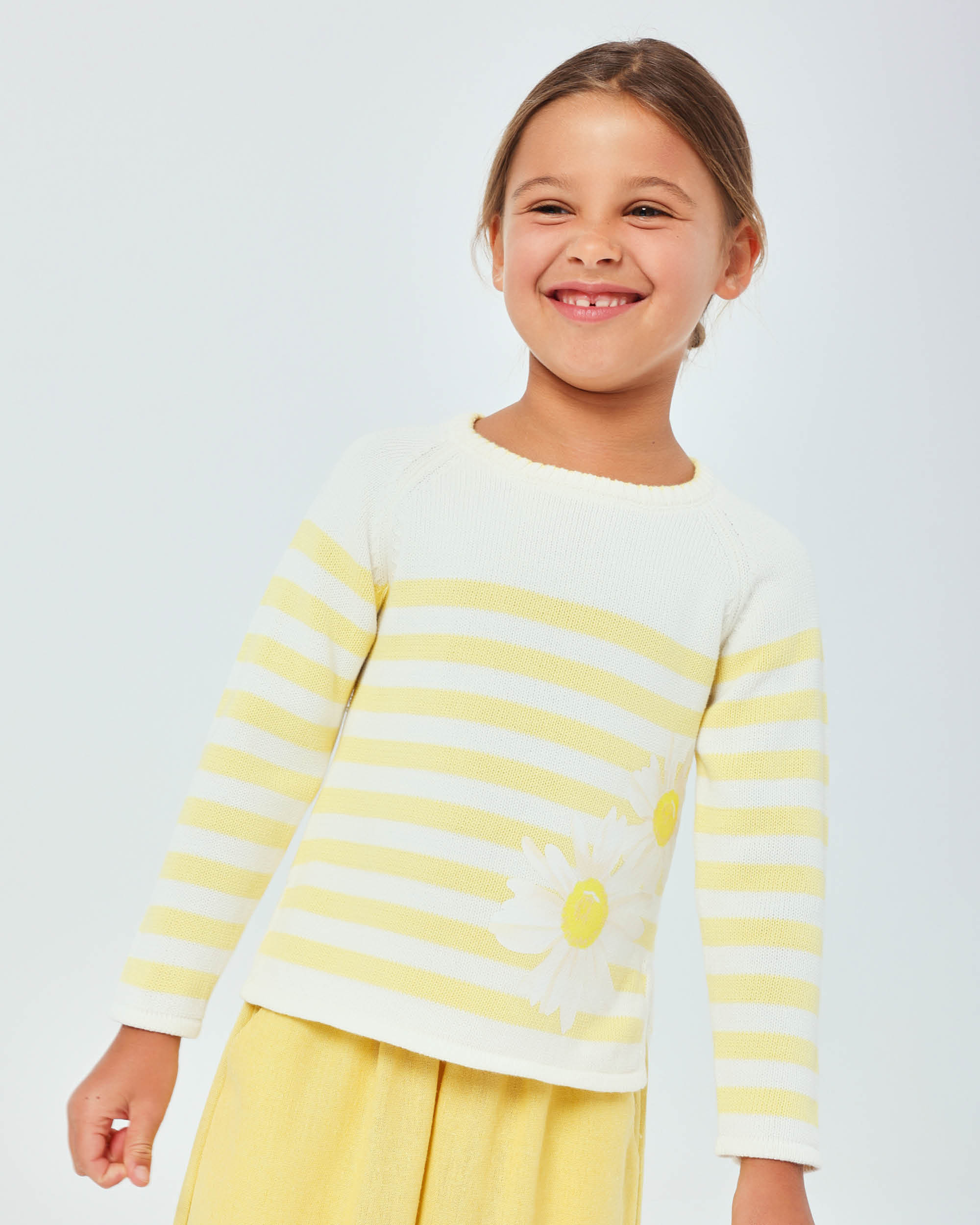 Jersey tricot de niña a rayas con margaritas - Tutto Piccolo - Amarillo Amarillo-1