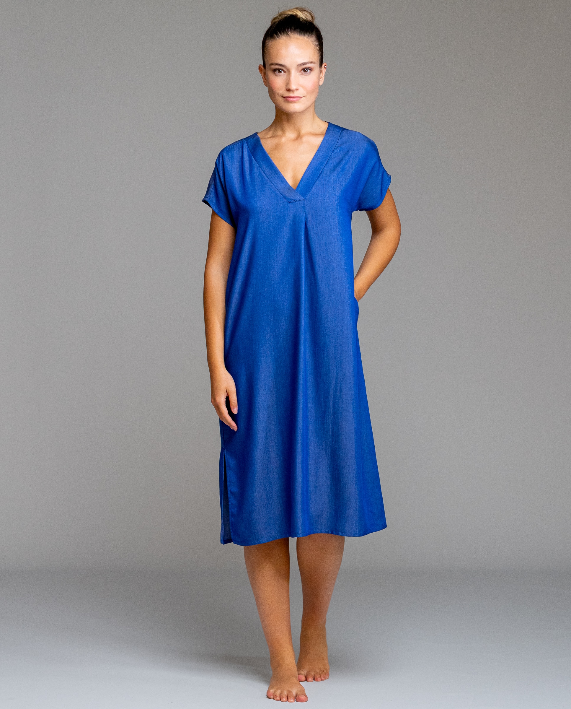 Egatex - Vestido de playa manga corta de tejido fluido efecto denim.