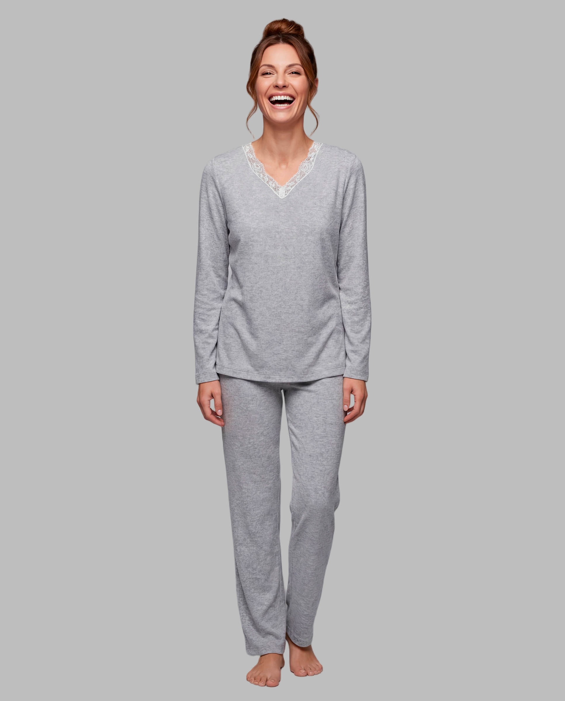 Pijama de mujer cuello pico puntilla - Egatex - Gris Gris-1