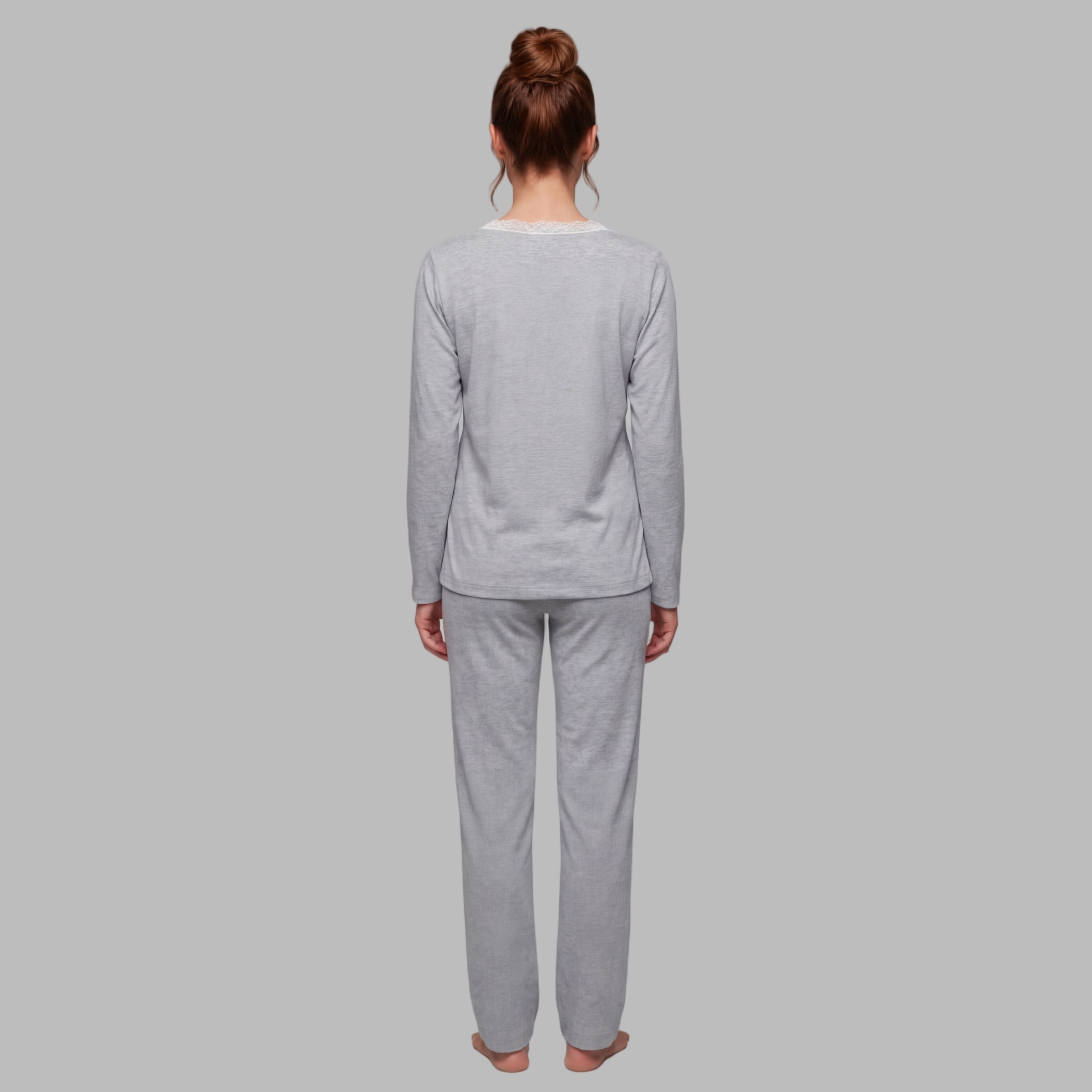 Pijama de mujer cuello pico puntilla - Egatex - Gris Gris-2