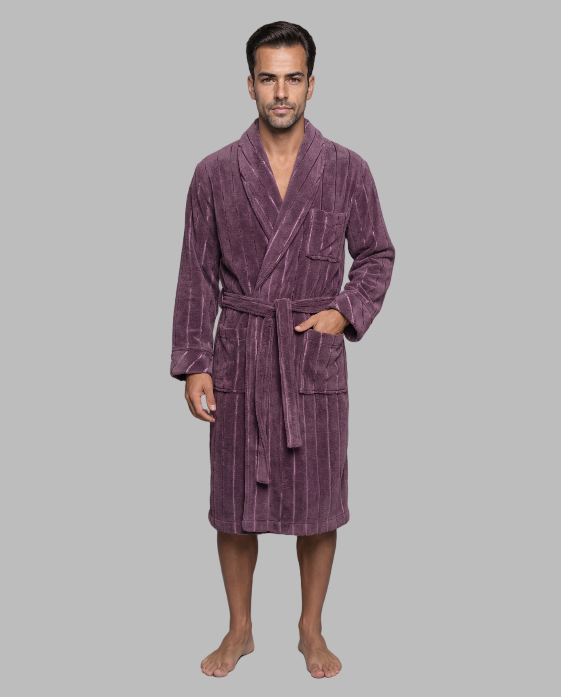 Imagen 1 de Bata de hombre larga smoking rayas pelo Morado