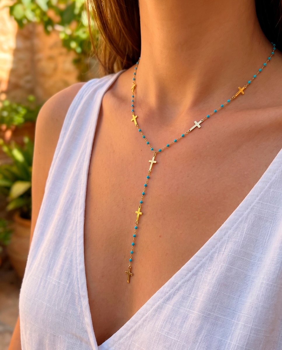 Imagen 2 de Collar boho style de acero inoxidable acabado brillo - LOTUS - Azul Azul