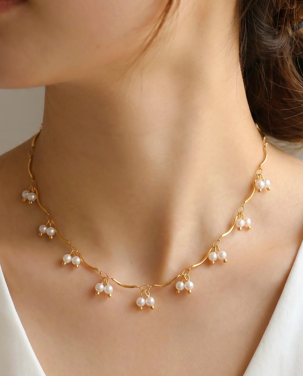 Imagen 2 de Collar boho style de acero inoxidable acabado brillo con synthetic pearl - LOTUS - Blanco Blanco