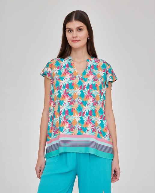 Imagen 0 de Blusa de mujer con estampado tropical y cenefa en el bajo