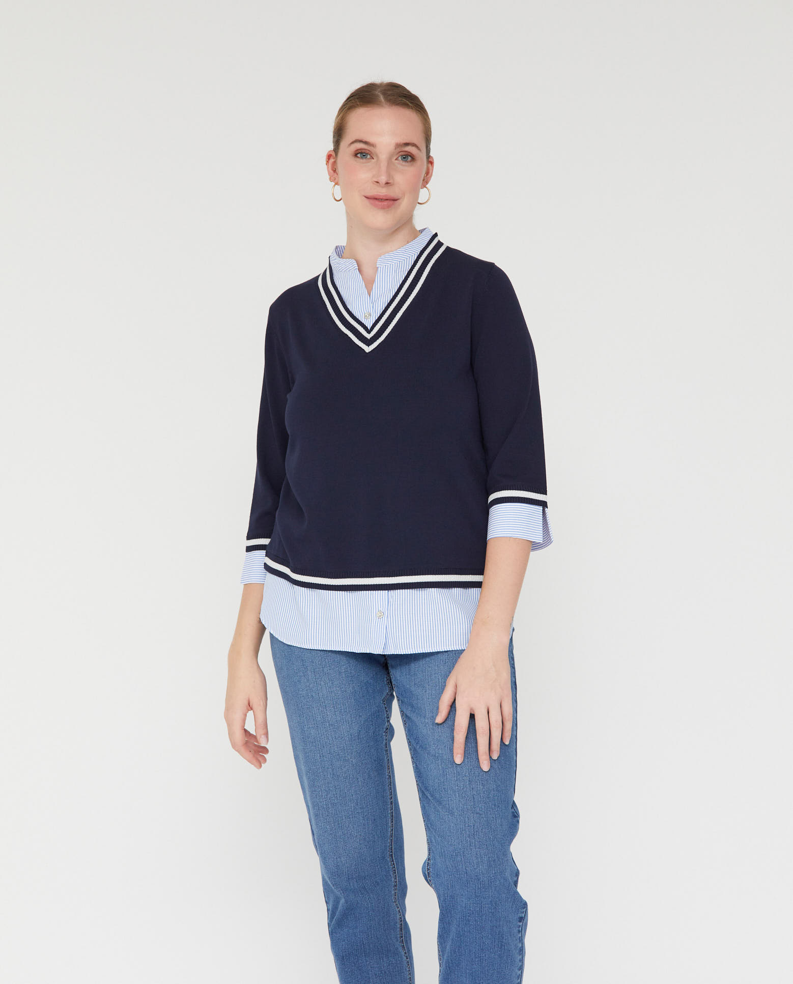 Jersey de mujer rayas escote pico y faldón - October - Azul marino Azul marino-1