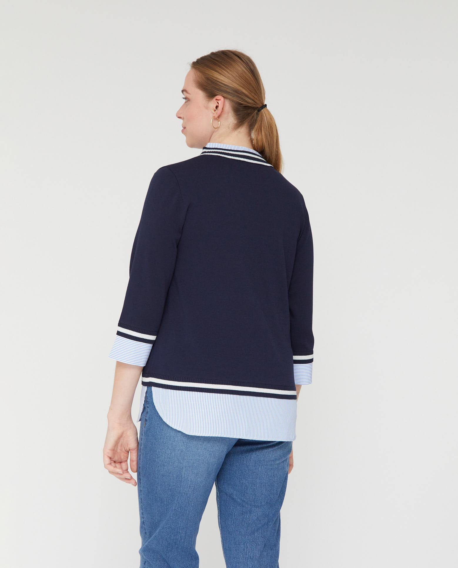 Jersey de mujer rayas escote pico y faldón - October - Azul marino Azul marino-2