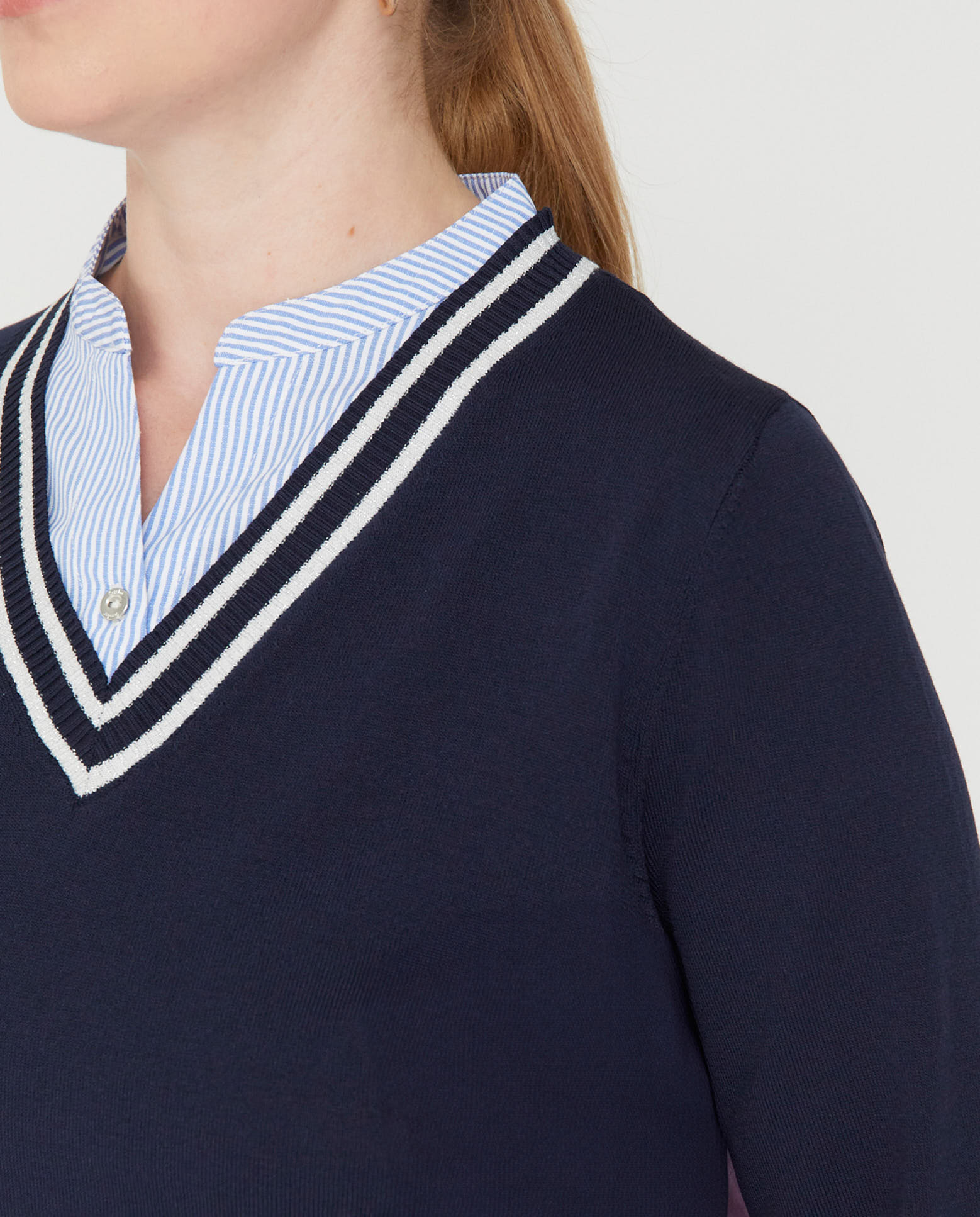 Jersey de mujer rayas escote pico y faldón - October - Azul marino Azul marino-3