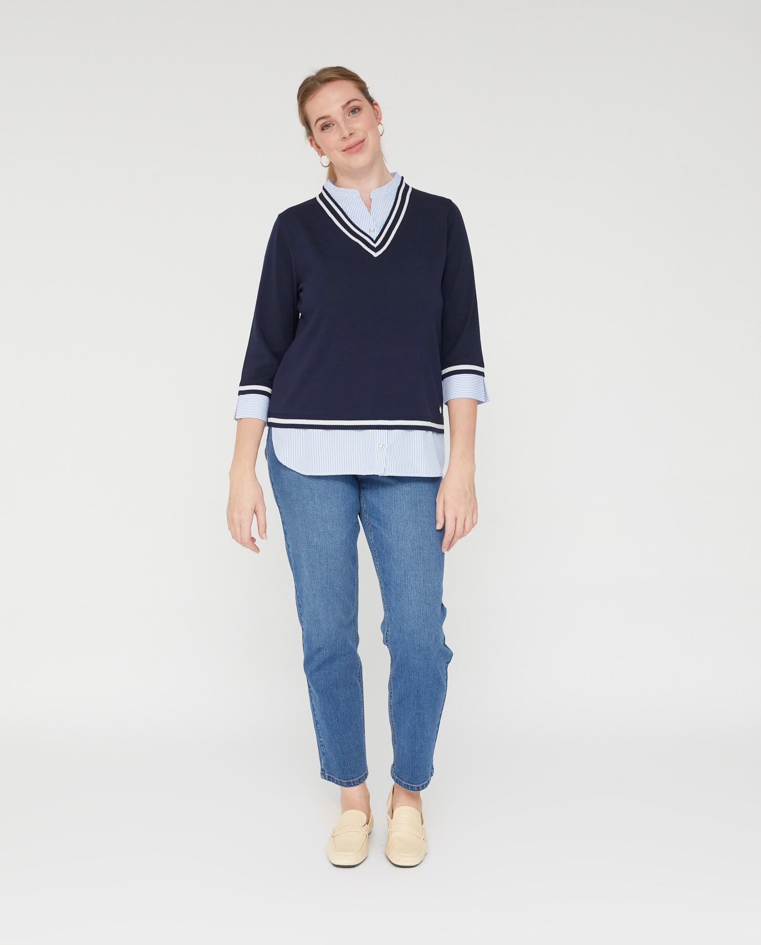 Jersey de mujer rayas escote pico y faldón - October - Azul marino Azul marino-4