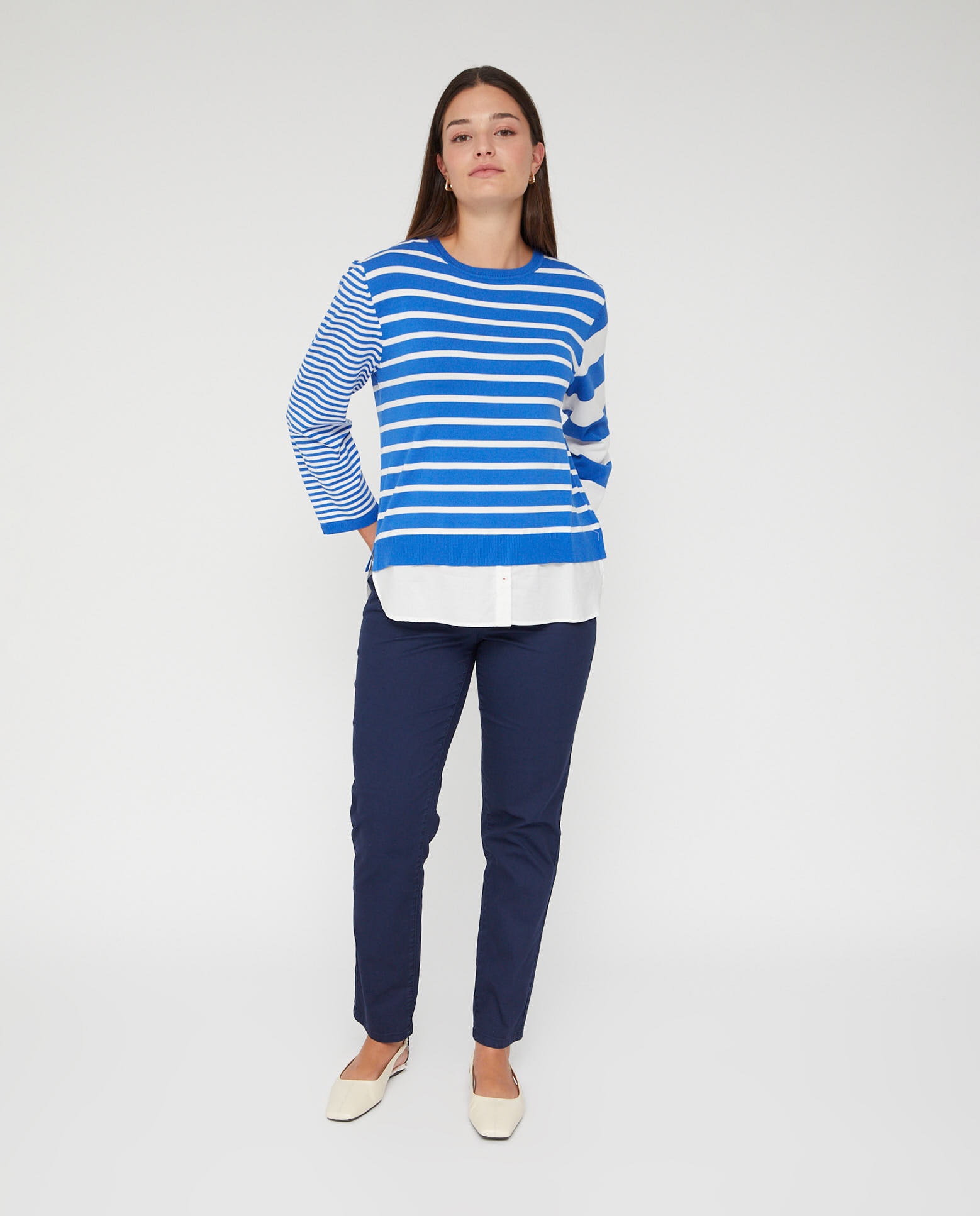 Jersey de mujer de rayas combinadas con faldon - October - Azul Azul-4