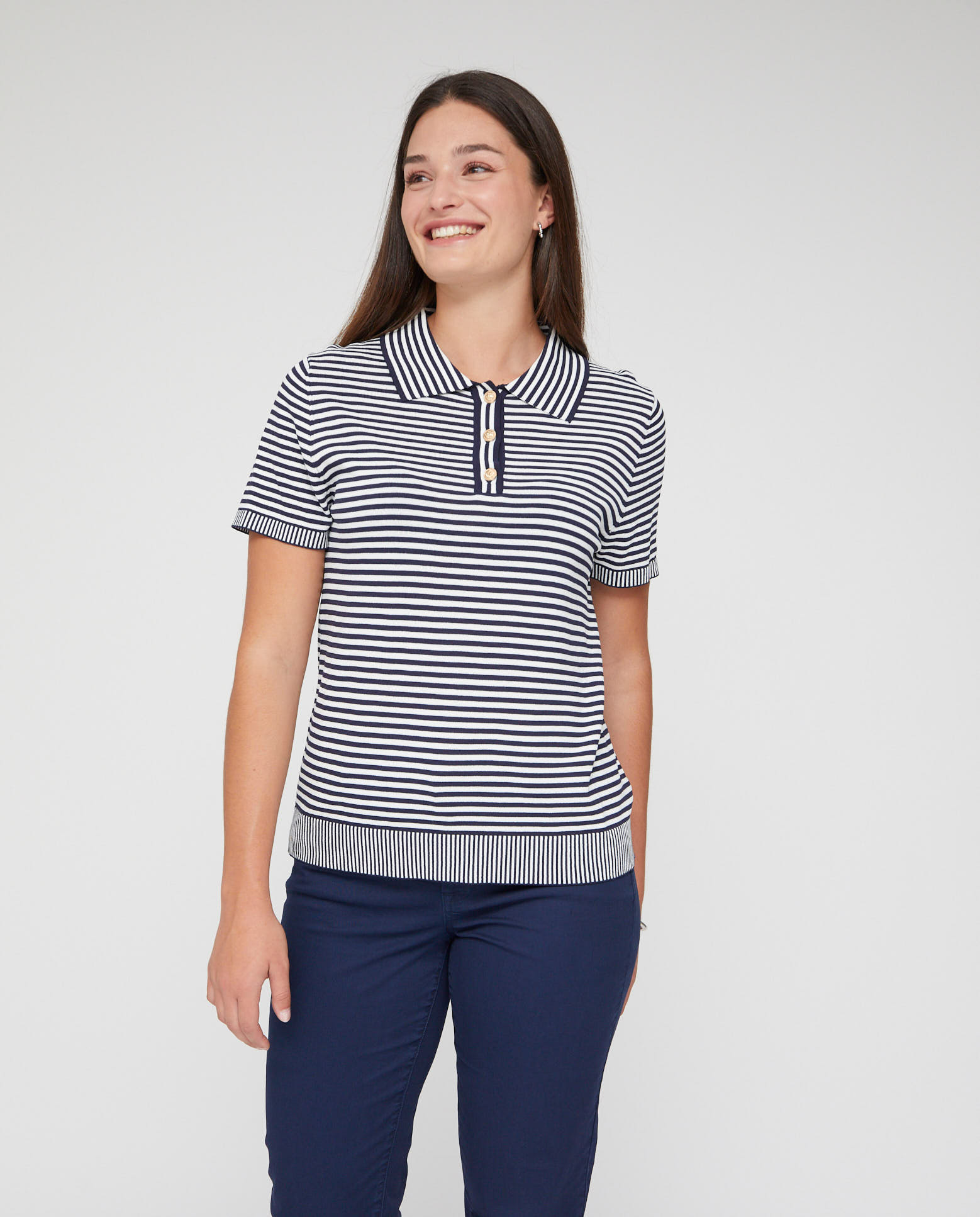 Jersey de mujer rayas hilo metalico con cuello pico y solapa - October - Azul marino Azul marino-1