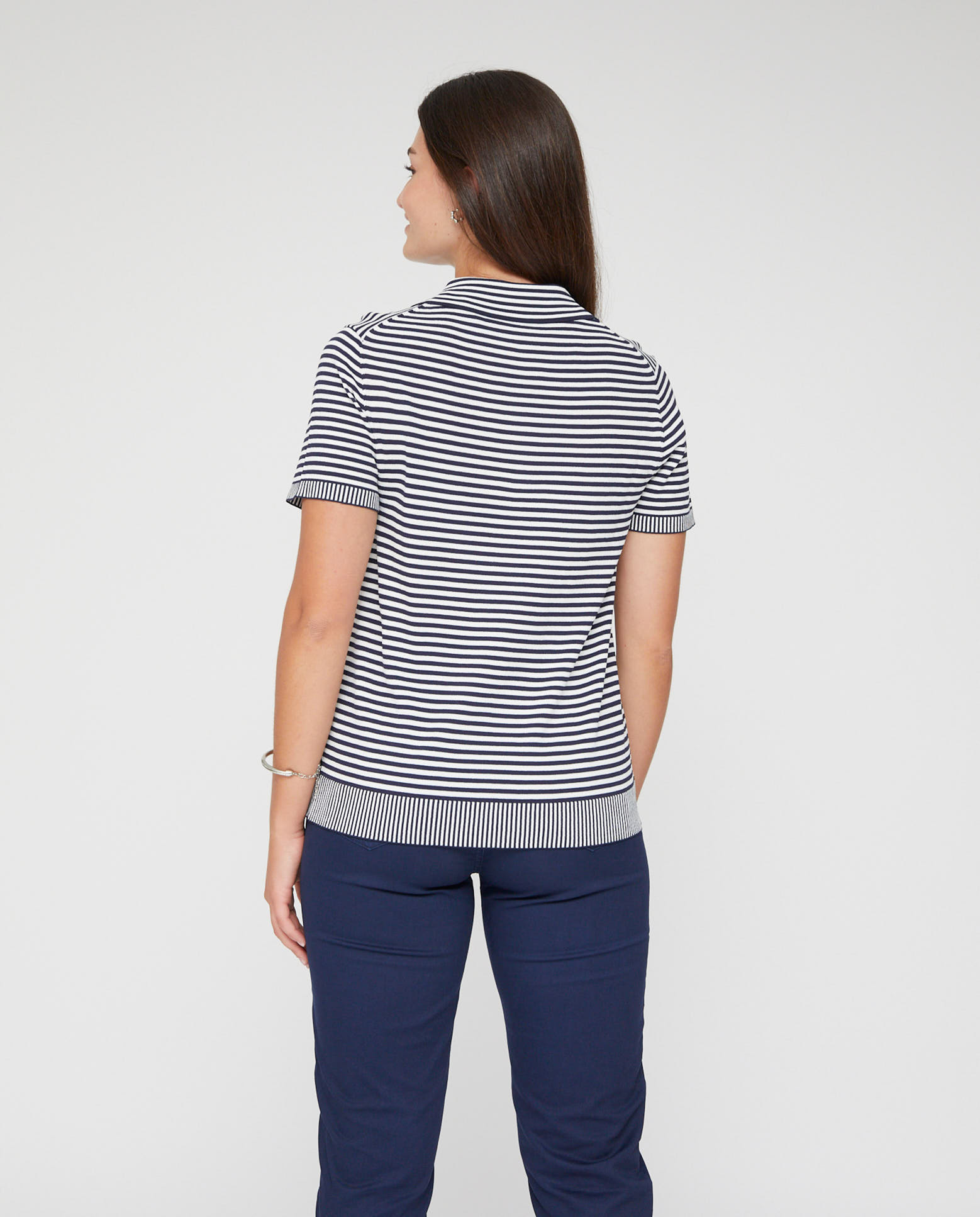 Jersey de mujer rayas hilo metalico con cuello pico y solapa - October - Azul marino Azul marino-2