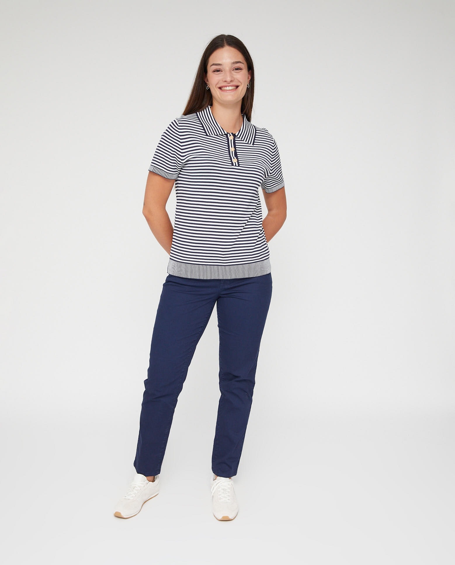 Jersey de mujer rayas hilo metalico con cuello pico y solapa - October - Azul marino Azul marino-4