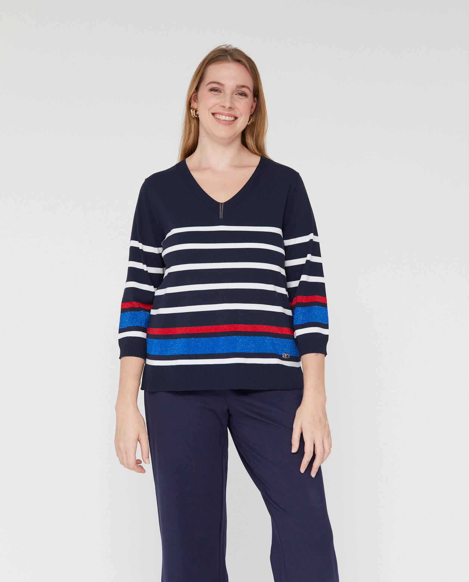 Jersey de mujer manga tres cuartos con cuello pico y rayas - October - Azul marino Azul marino-1
