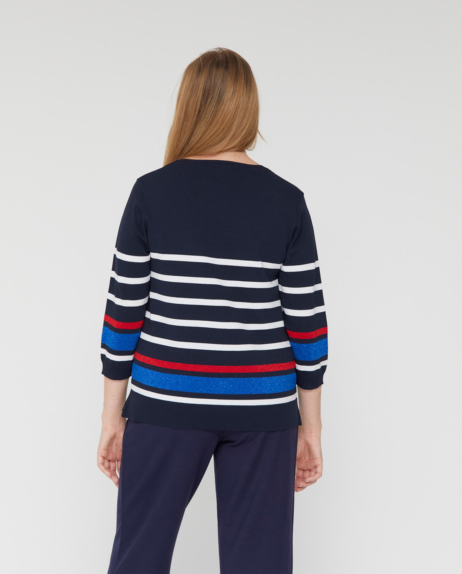 Jersey de mujer manga tres cuartos con cuello pico y rayas - October - Azul marino Azul marino-2
